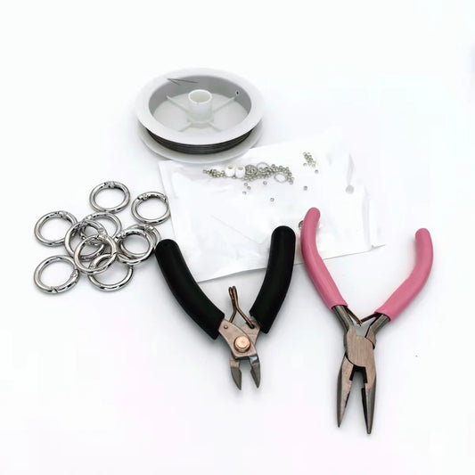 【ビーズ必ず購入、単独購入不可】ビーズDIY工具セット（ペンチ + はさみ + ストッパービーズ約50個 + バネ10個 + ワイヤーロープ15m）